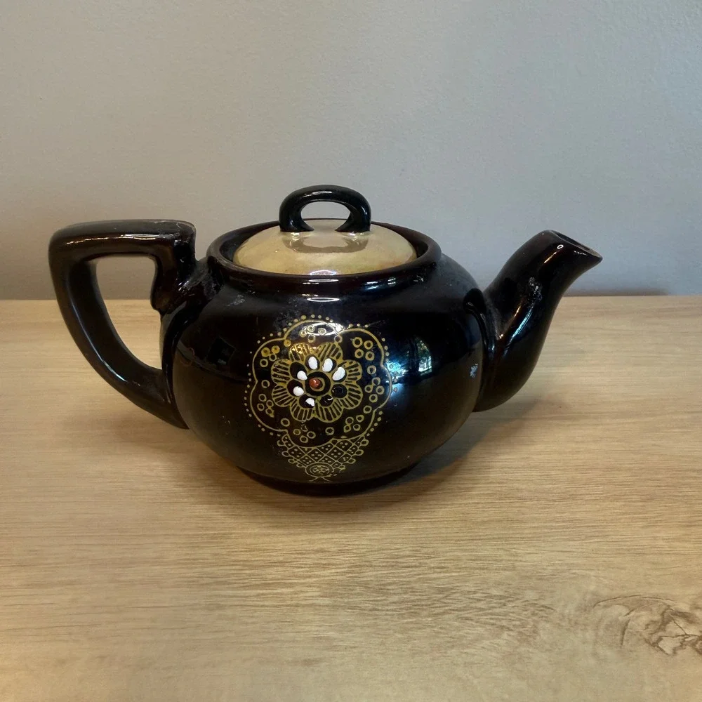 Vintage Moriage Style Hand Painted Ceramic Teapot Brown Gold Floral Boho Decor